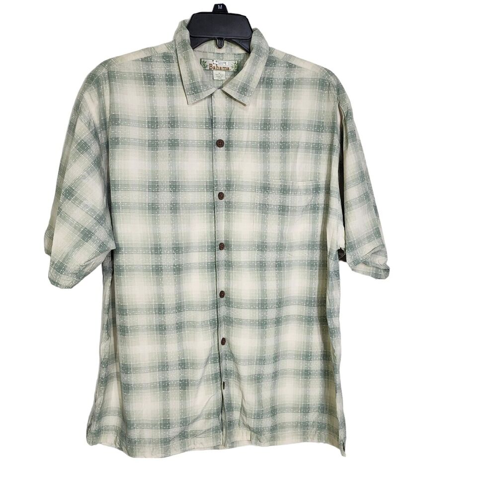 Tommy Bahama Mens Shirt Medium 100% Silk Short Sleeve Plaid Button Green Pocket